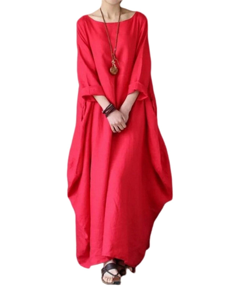 Sandy Abito Longue Donna – Abito Maxi Cotone-Lin Vestibilità Ampia Girocollo Manches 3/4 Elegante