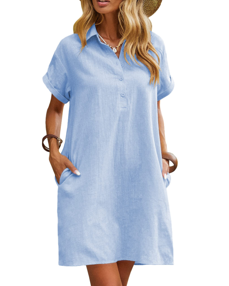 Raine Abito Camicia Donna – Abito Lin Cotone Mi-Longue Scollo a V Boutonnée Tasche Casual Chic Estate