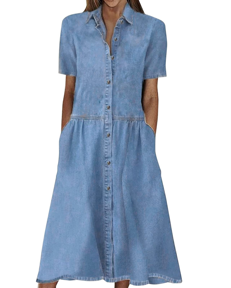 Monette Abito Donna – Abito Denim Mi-Longue Boutonnée con Col Camicia & Tasche Casual Chic