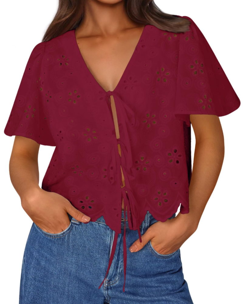 Liora Top Donna Estate – Blusa Bohémien in Cotone Broderie Anglaise con Nœud, Style Plage Chic