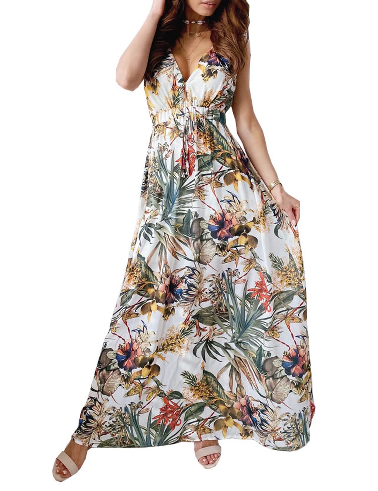 Windy Abito Maxi Donna – Scollo a V Senza Maniche, Taille Regolabile & Linea Fluida Double Doublure Estate