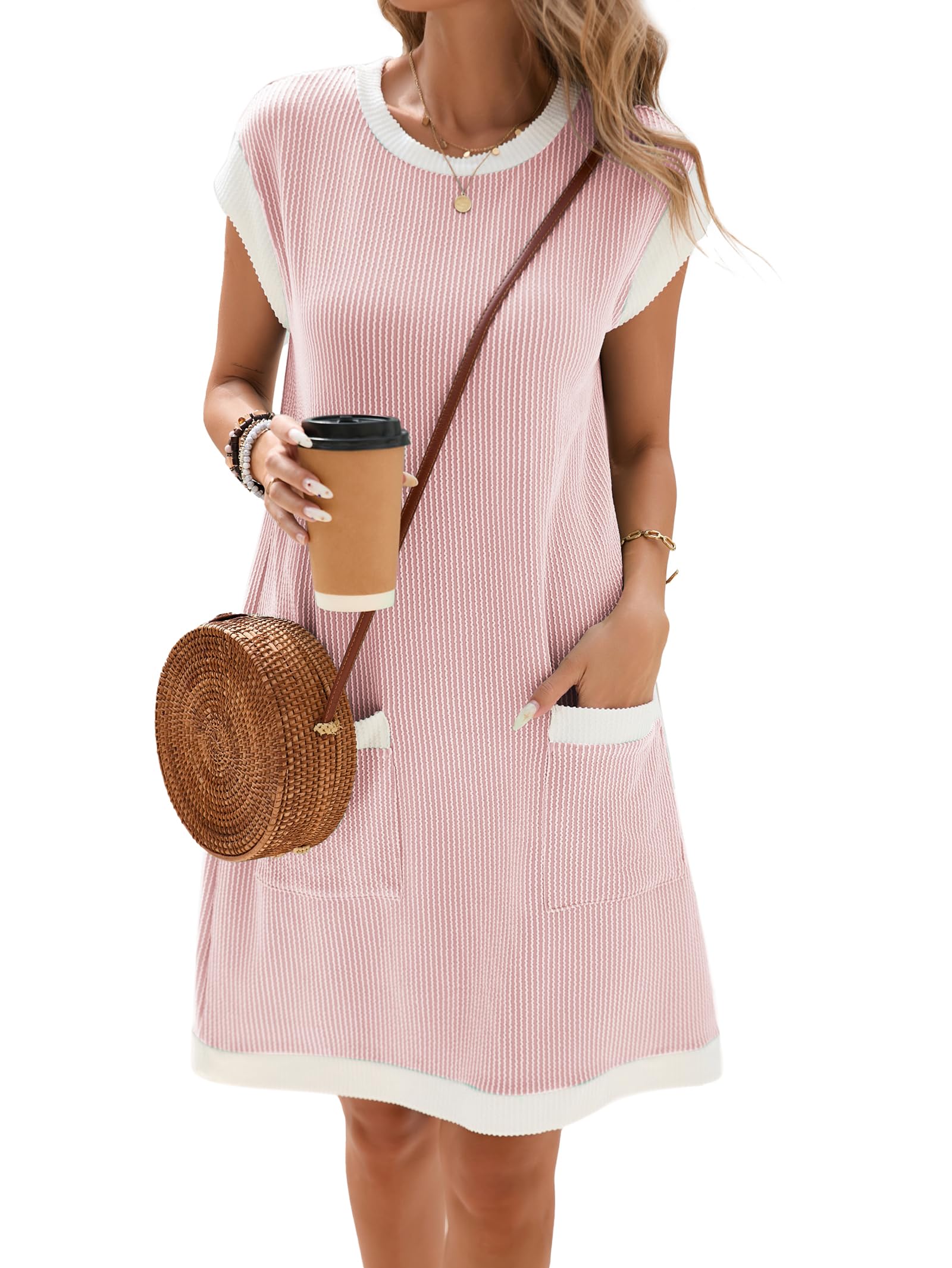 Winnie Abito Donna – Girocollo Color Block, Maniche Corte & Vestibilità Ampia Mini con Tasche Estate