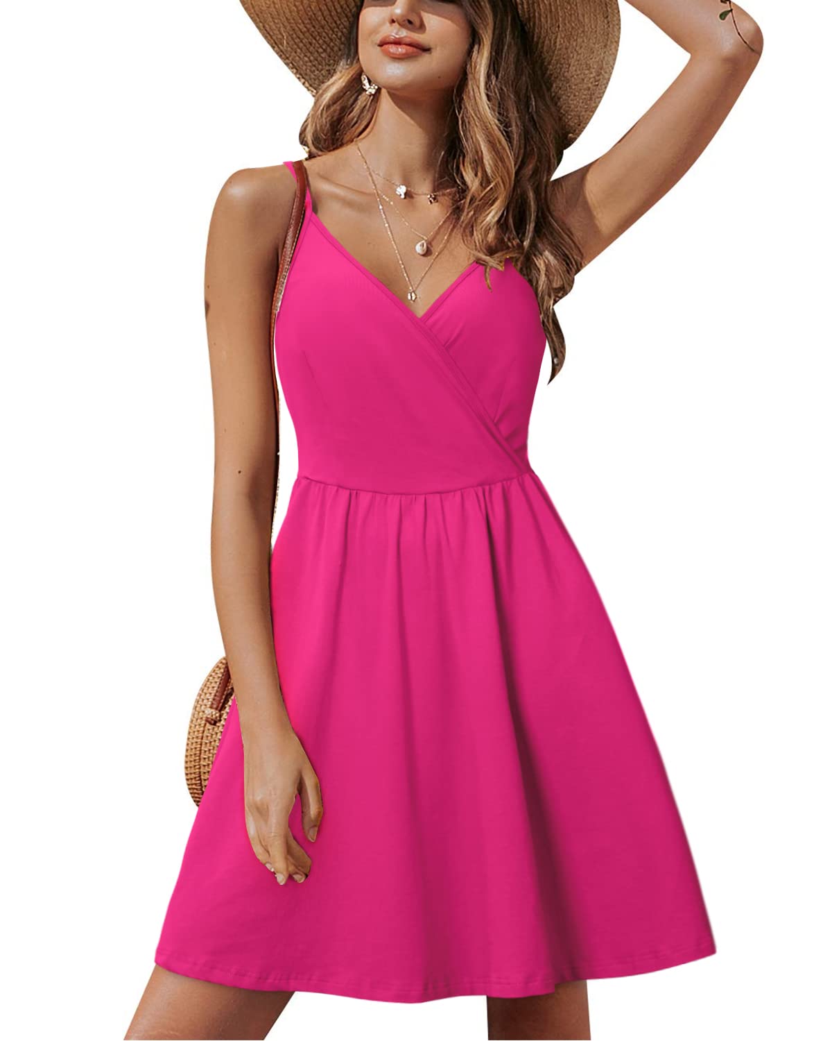Lusha Abito Donna – Scollo a V Bretella Fines, Linea a Trapezio Midi & Tasche Vita Elastica Estate