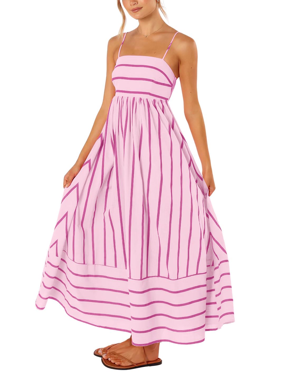 Reina Abito Maxi Donna – Scollo Quadrato Bretella Fines Rayures, Linea a Trapezio & Dos Smocké con Tasche
