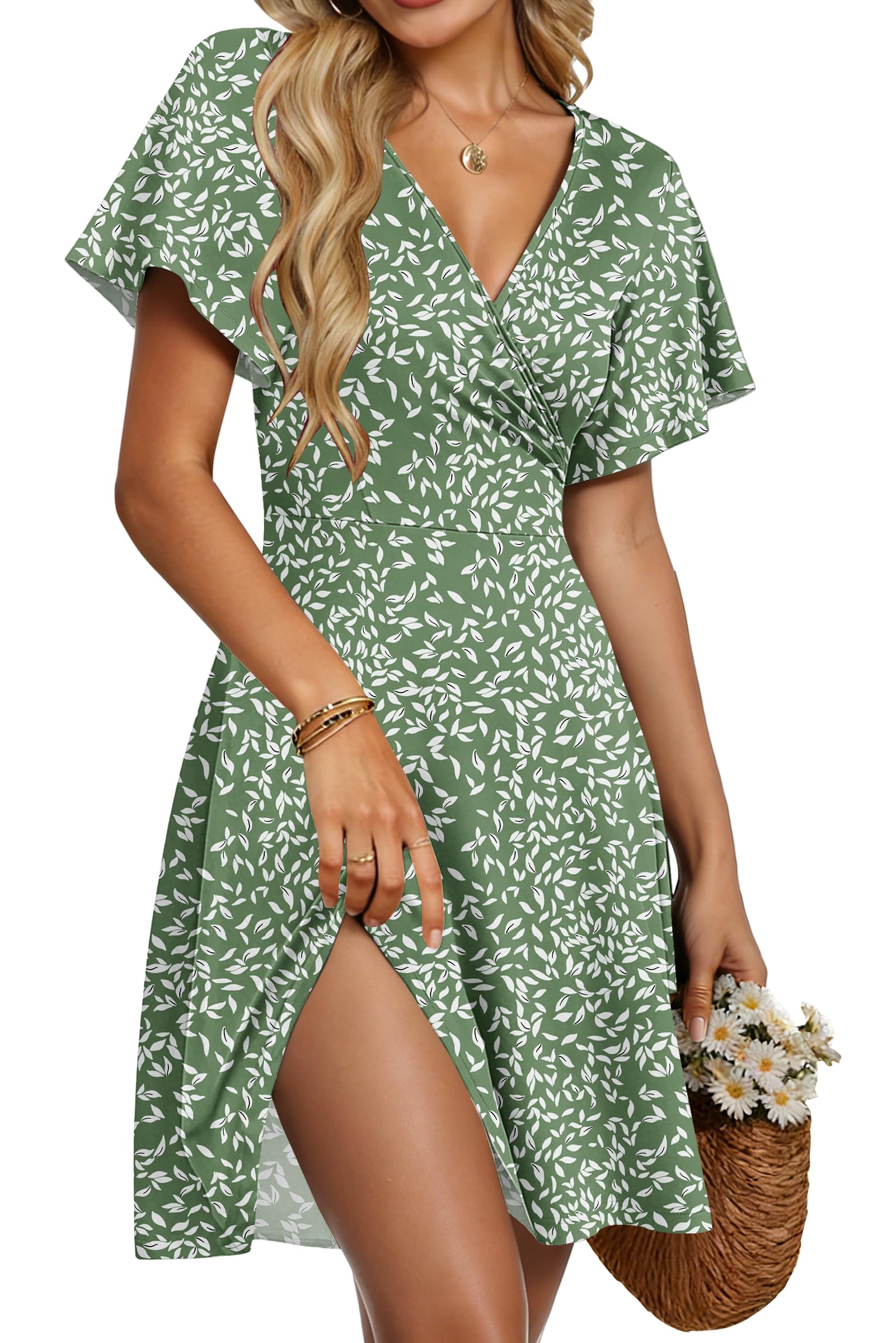 Mariselle Abito Donna – Cache-Cœur Scollo a V Floral, Taille Empire & Tasche Linea a Trapezio Estate