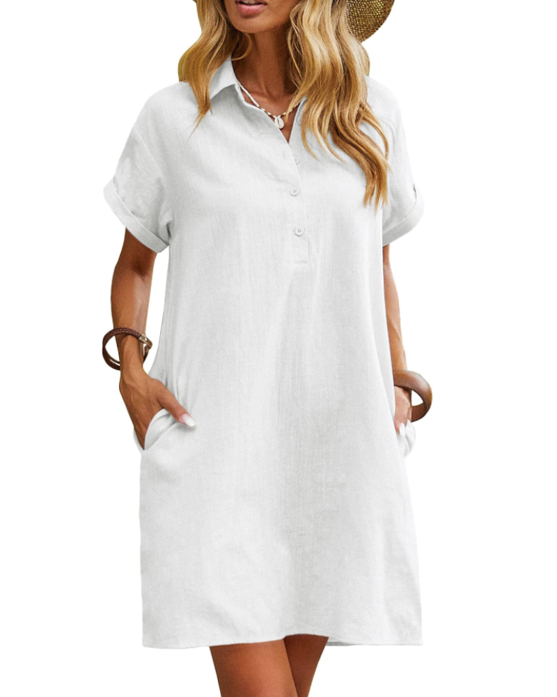 Raine Abito Camicia Donna – Abito Lin Cotone Mi-Longue Scollo a V Boutonnée Tasche Casual Chic Estate