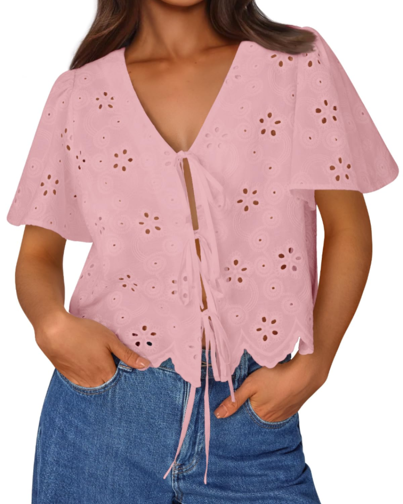 Liora Top Donna Estate – Blusa Bohémien in Cotone Broderie Anglaise con Nœud, Style Plage Chic
