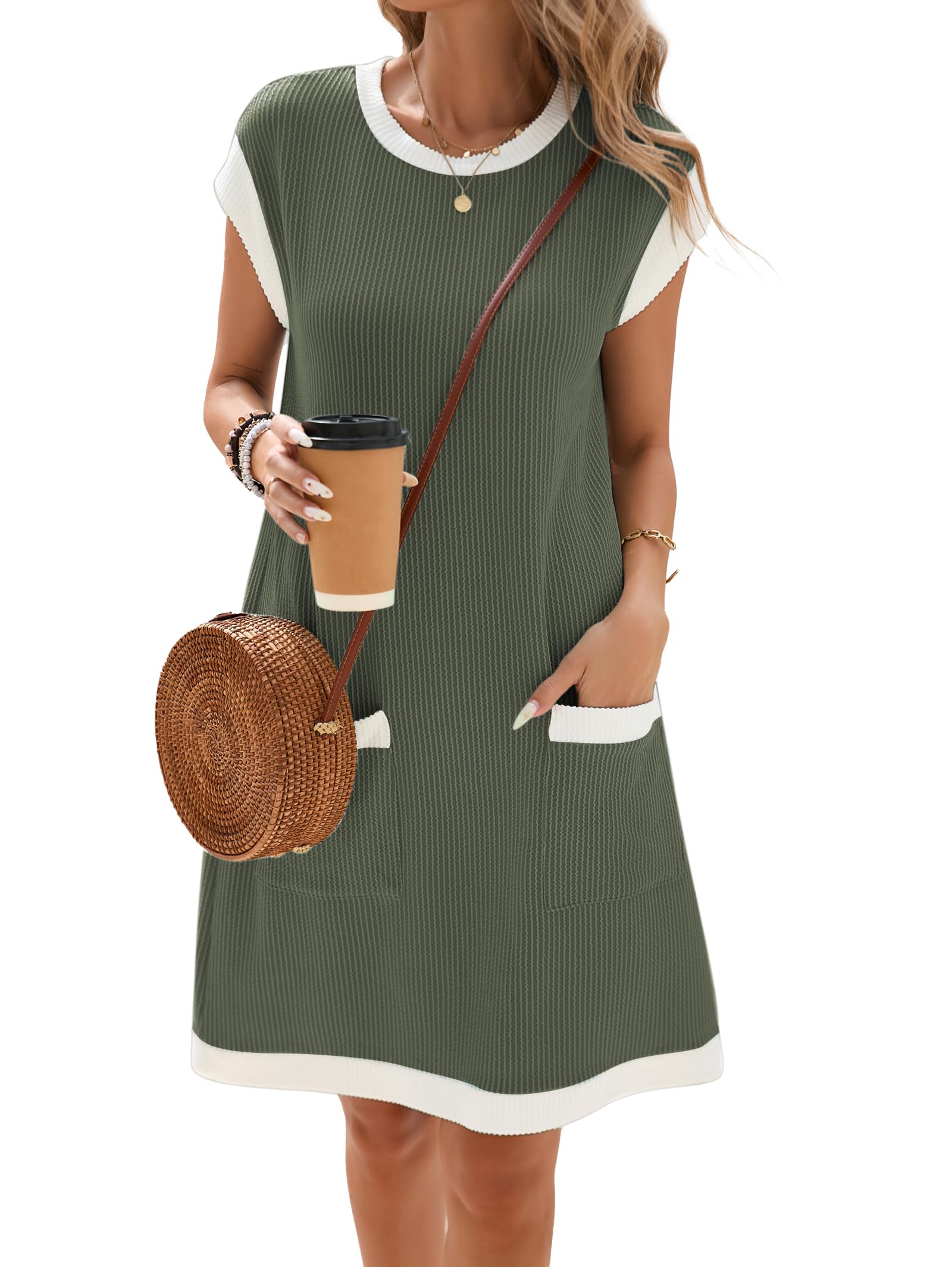 Winnie Abito Donna – Girocollo Color Block, Maniche Corte & Vestibilità Ampia Mini con Tasche Estate