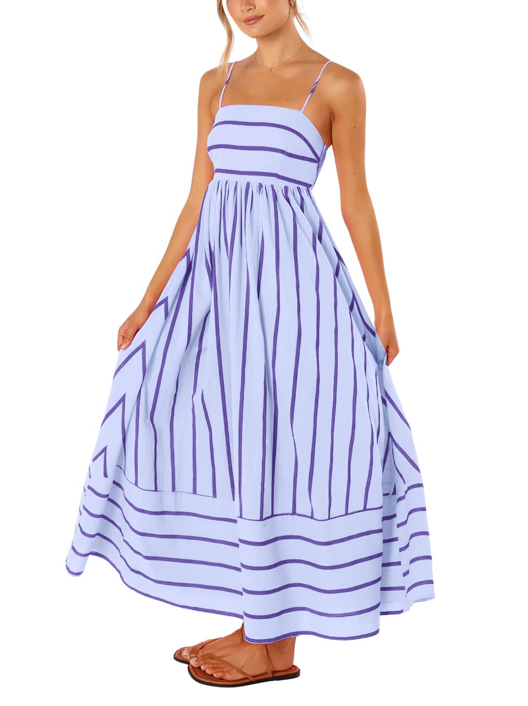 Reina Abito Maxi Donna – Scollo Quadrato Bretella Fines Rayures, Linea a Trapezio & Dos Smocké con Tasche