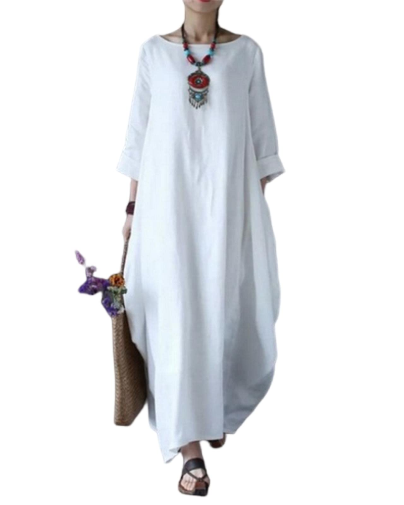 Sandy Abito Longue Donna – Abito Maxi Cotone-Lin Vestibilità Ampia Girocollo Manches 3/4 Elegante