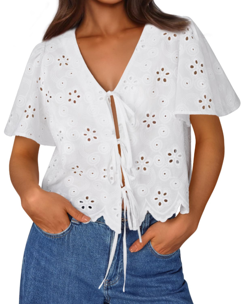 Liora Top Donna Estate – Blusa Bohémien in Cotone Broderie Anglaise con Nœud, Style Plage Chic