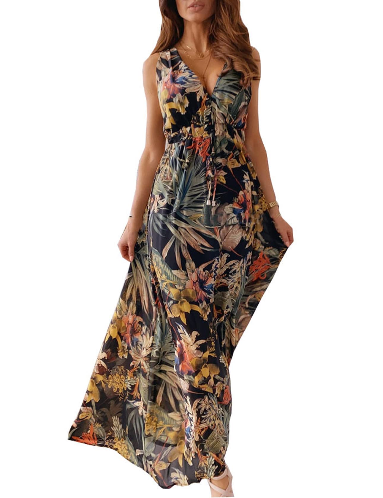 Windy Abito Maxi Donna – Scollo a V Senza Maniche, Taille Regolabile & Linea Fluida Double Doublure Estate