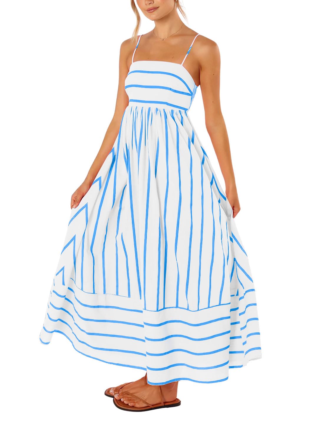 Reina Abito Maxi Donna – Scollo Quadrato Bretella Fines Rayures, Linea a Trapezio & Dos Smocké con Tasche