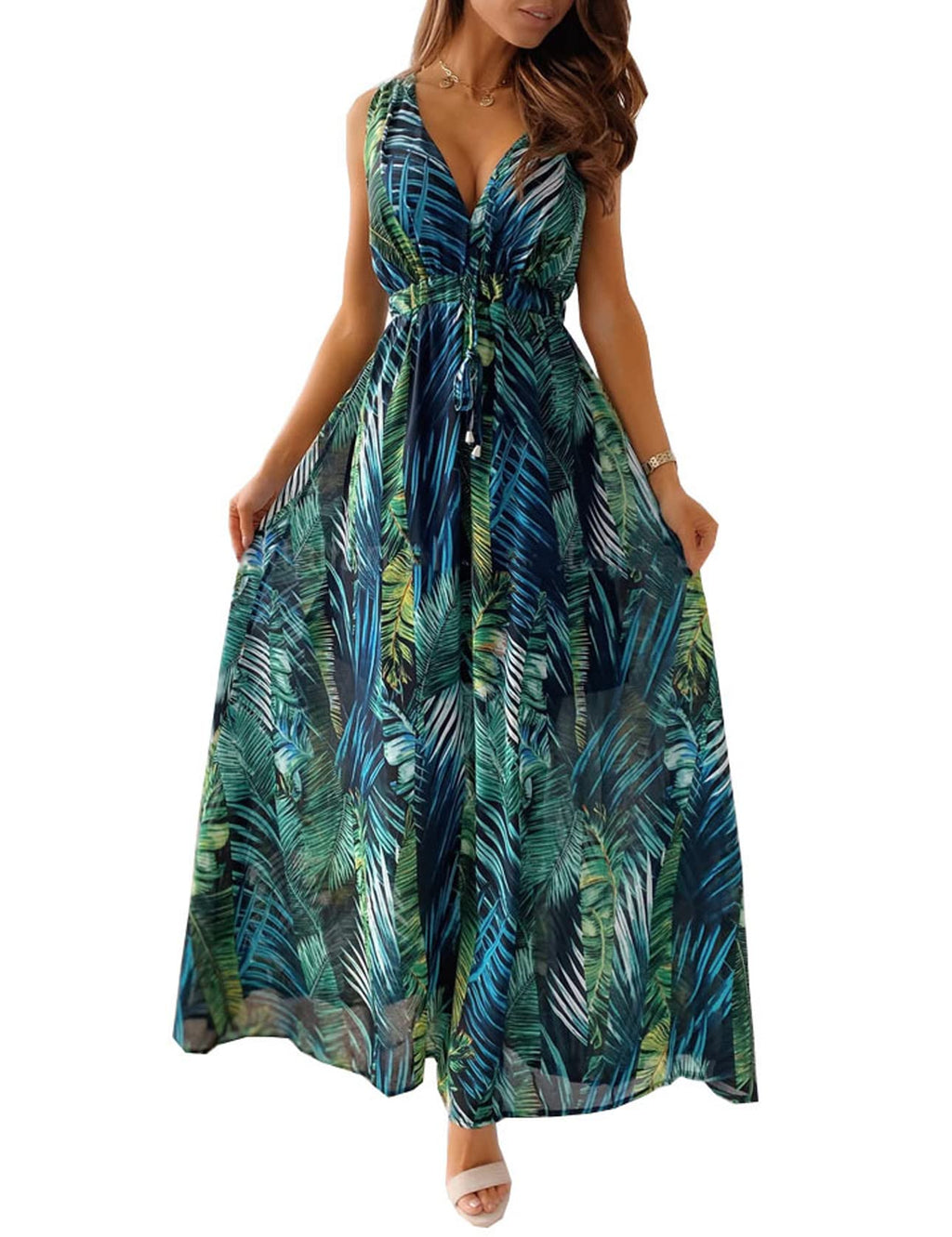 Windy Abito Maxi Donna – Scollo a V Senza Maniche, Taille Regolabile & Linea Fluida Double Doublure Estate