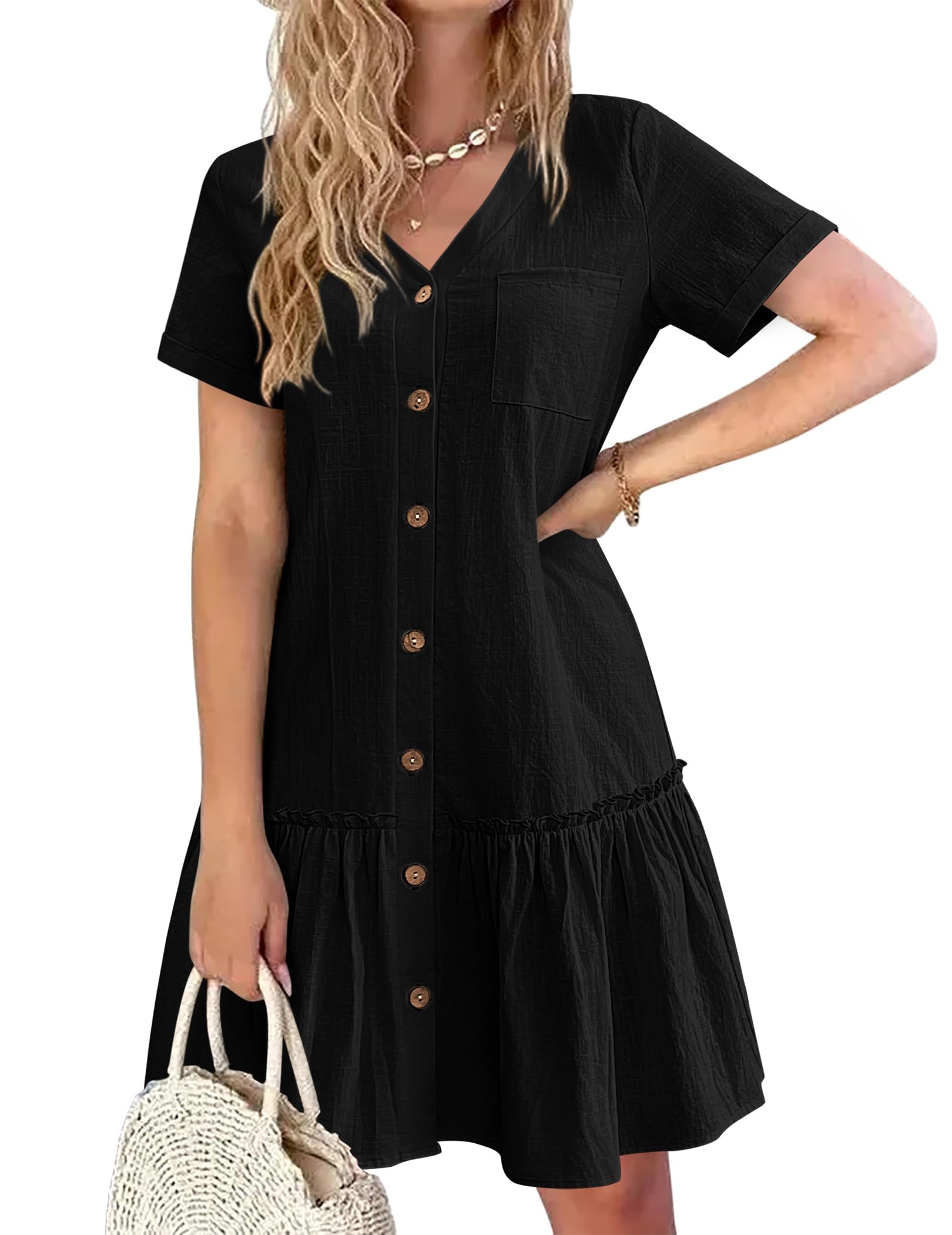 Trixie Abito Donna – Scollo a V Boutonnée, Cotone Lin Vestibilità Ampia & Ourlet Balze Estate