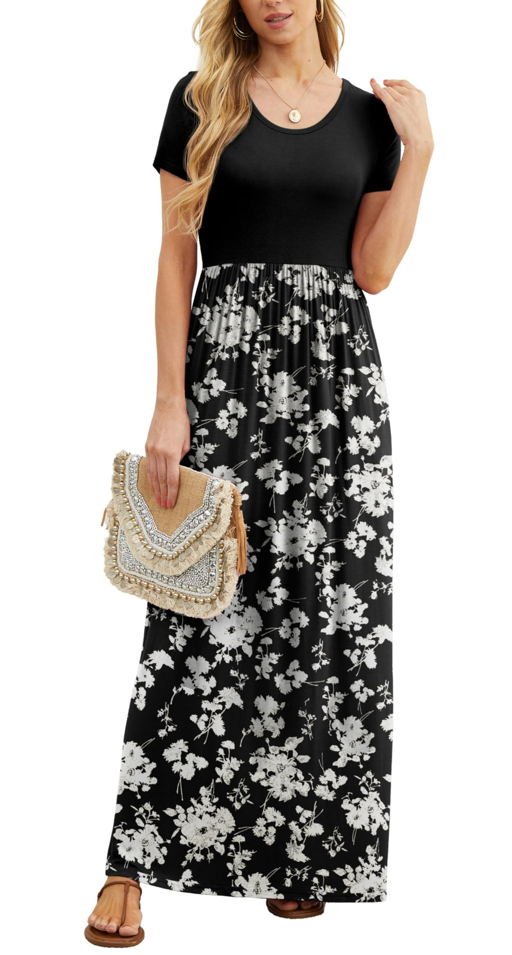 Bridget Abito Maxi Donna – Girocollo Uni, Linea Fluida & Vita Alta con Tasche Estate