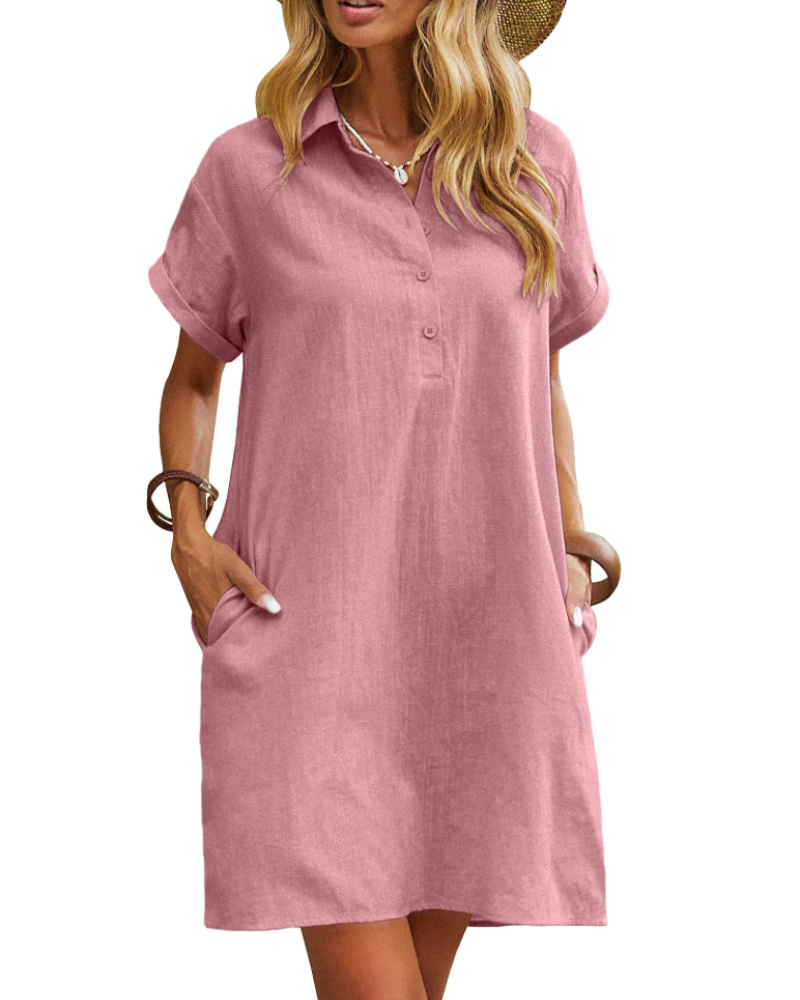 Raine Abito Camicia Donna – Abito Lin Cotone Mi-Longue Scollo a V Boutonnée Tasche Casual Chic Estate