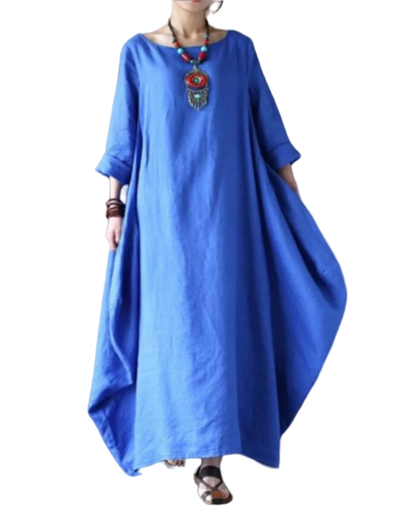 Sandy Abito Longue Donna – Abito Maxi Cotone-Lin Vestibilità Ampia Girocollo Manches 3/4 Elegante