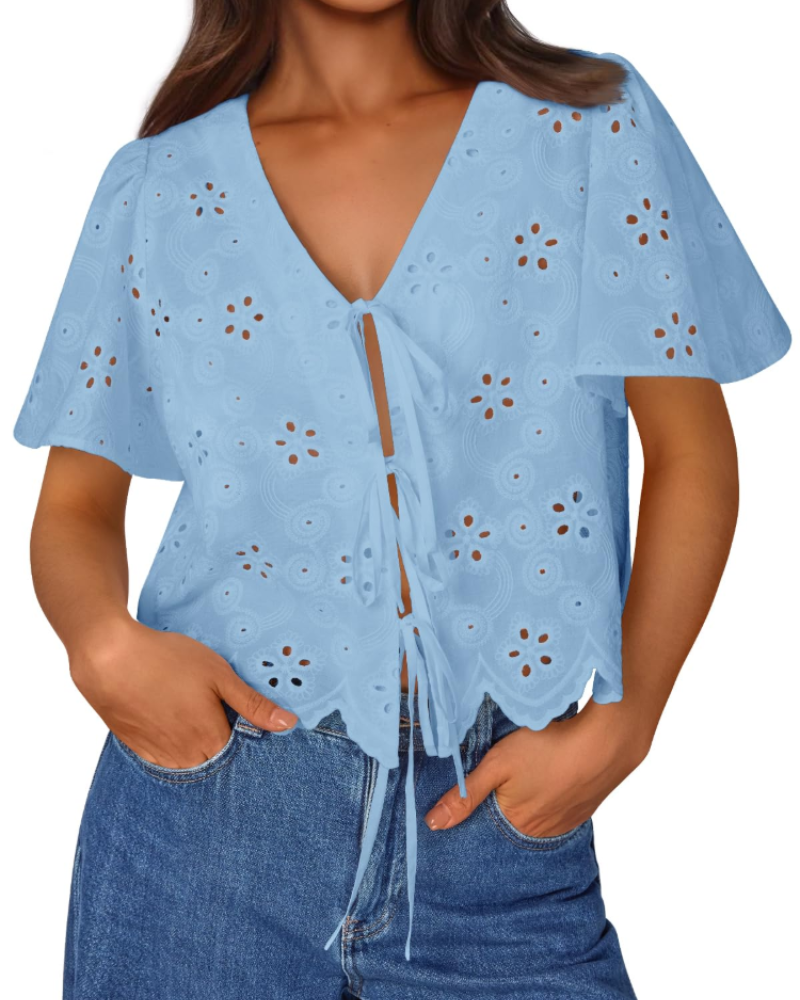 Liora Top Donna Estate – Blusa Bohémien in Cotone Broderie Anglaise con Nœud, Style Plage Chic