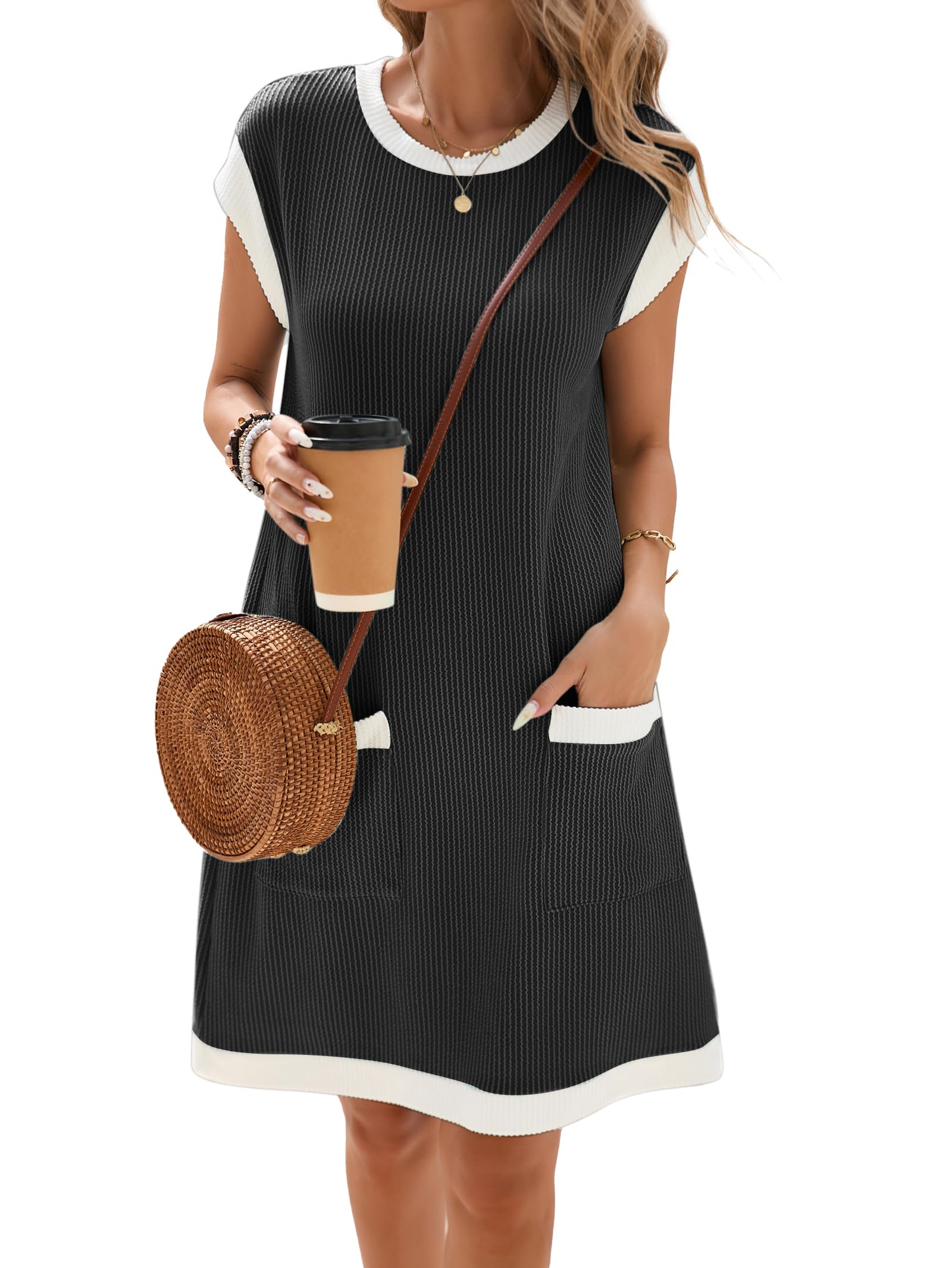 Winnie Abito Donna – Girocollo Color Block, Maniche Corte & Vestibilità Ampia Mini con Tasche Estate