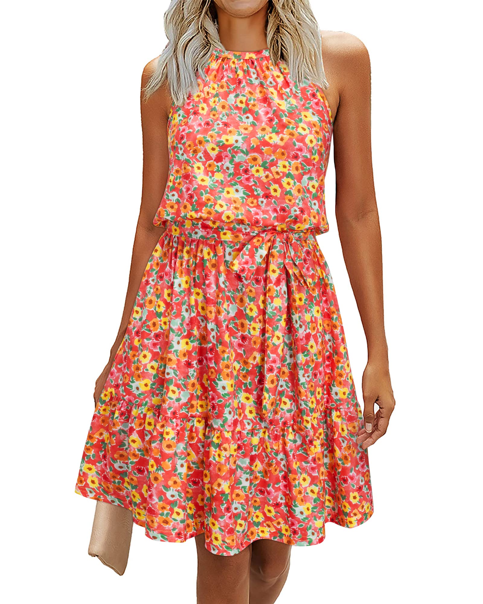 Rosa Abito Donna – Col Halter Senza Maniche, Linea a Trapezio Midi & Ceinture con Tasche