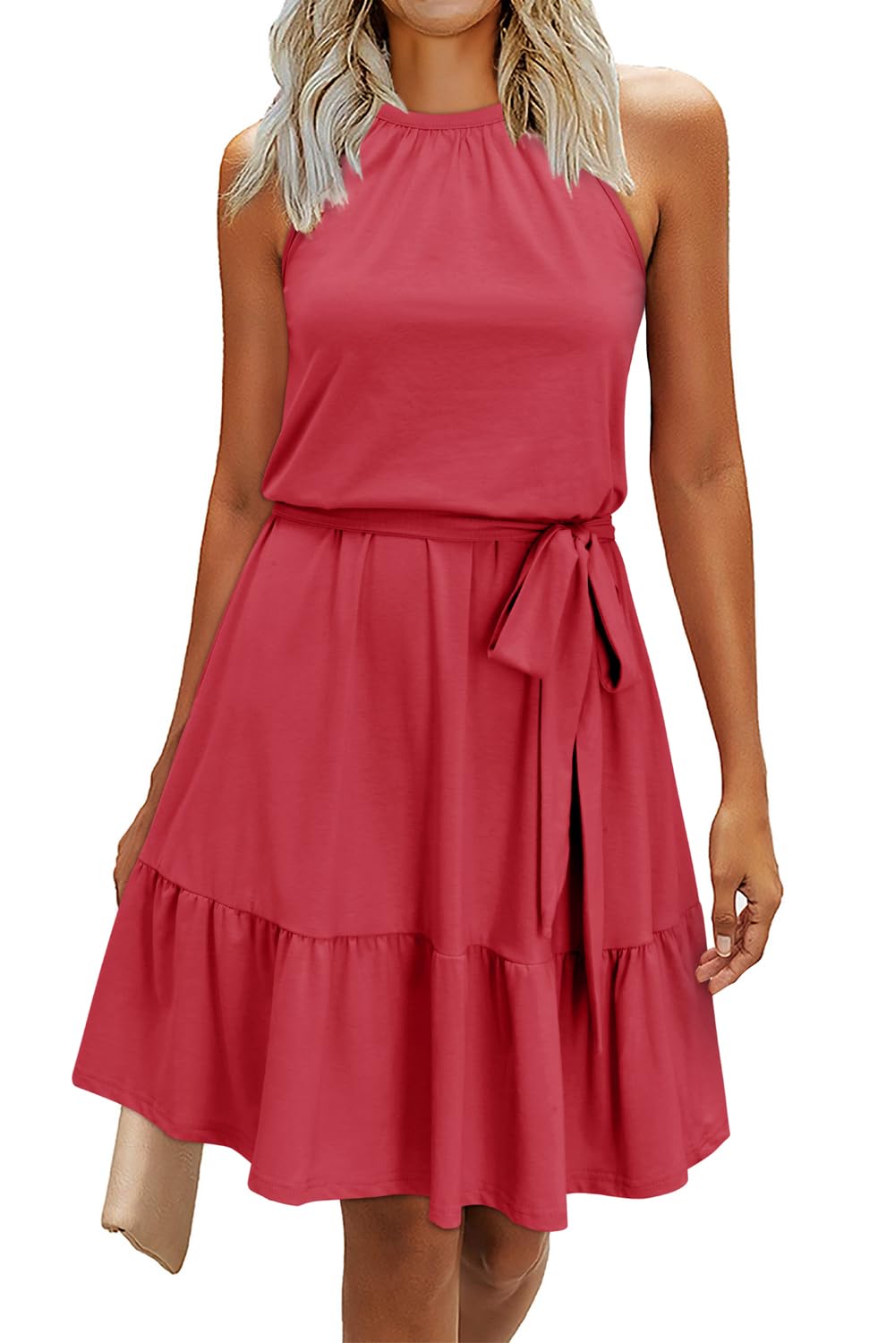 Rosa Abito Donna – Col Halter Senza Maniche, Linea a Trapezio Midi & Ceinture con Tasche