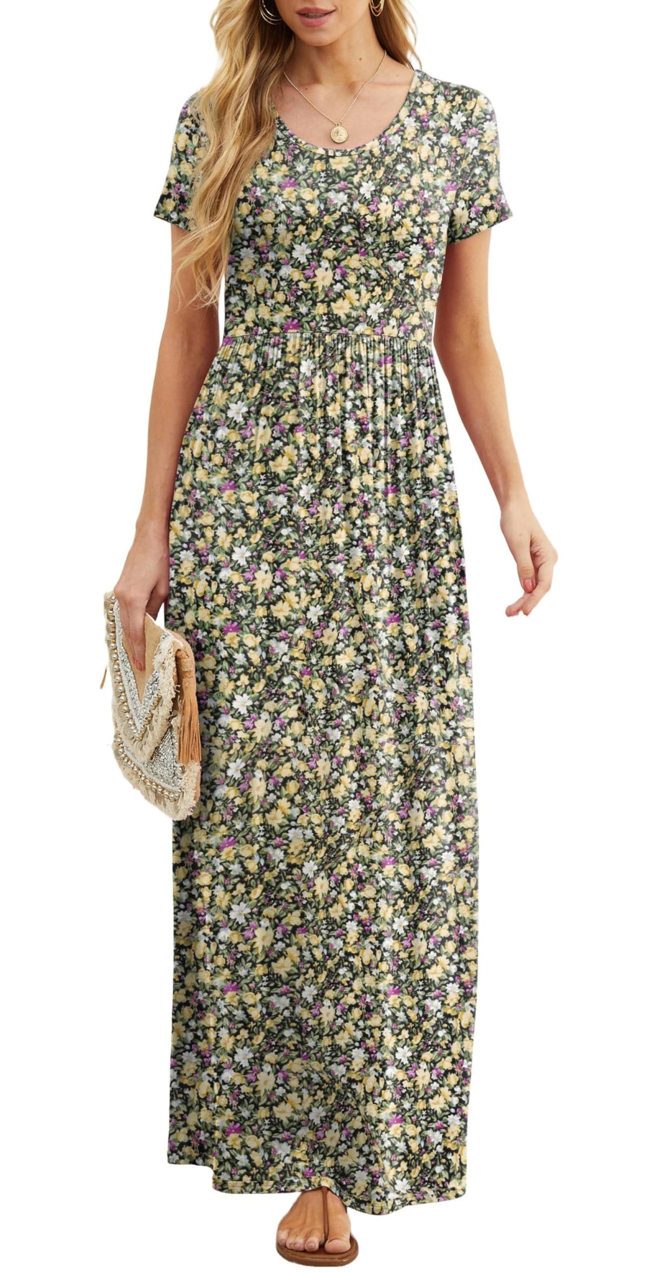 Bridget Abito Maxi Donna – Girocollo Uni, Linea Fluida & Vita Alta con Tasche Estate