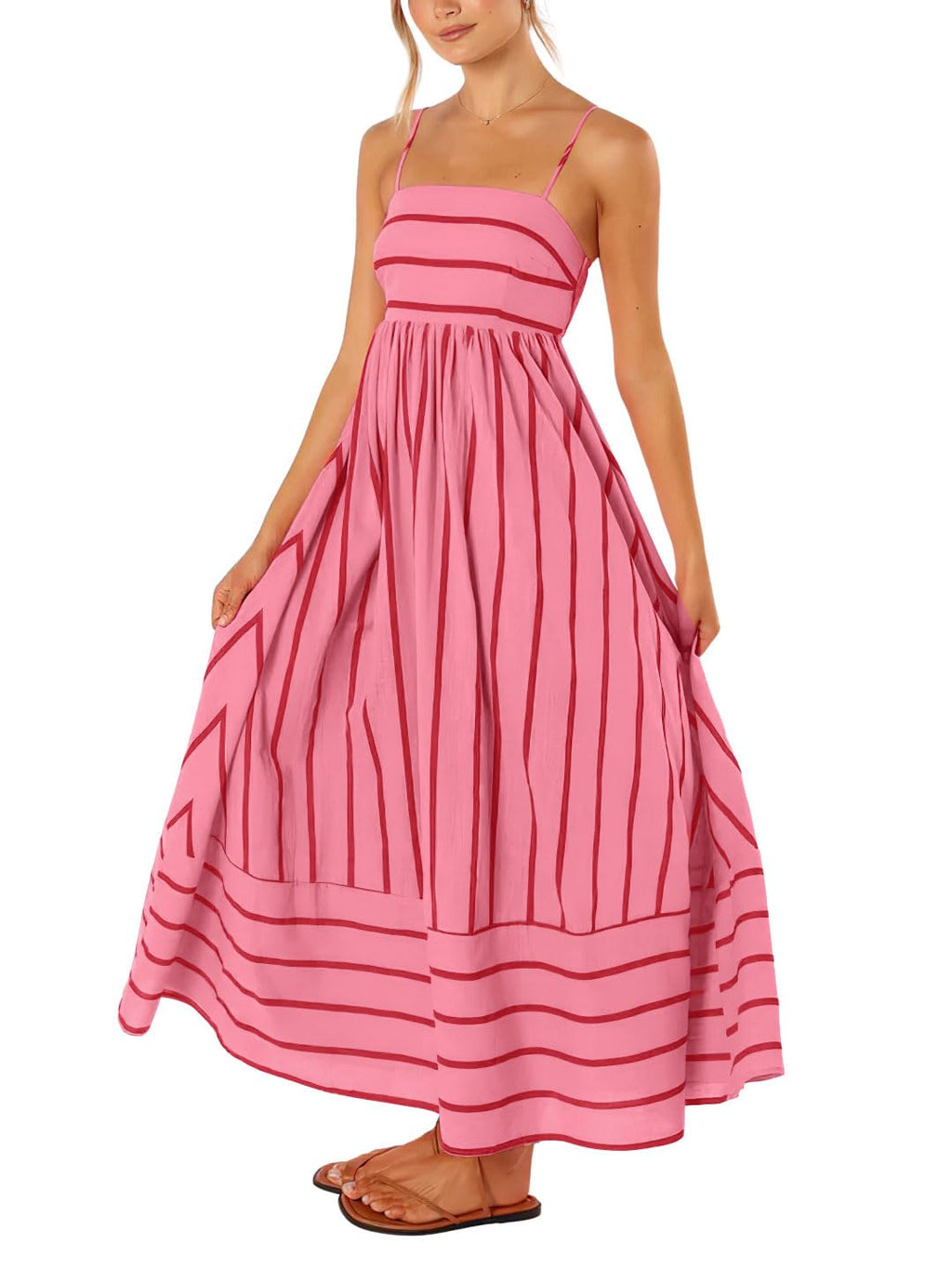Reina Abito Maxi Donna – Scollo Quadrato Bretella Fines Rayures, Linea a Trapezio & Dos Smocké con Tasche