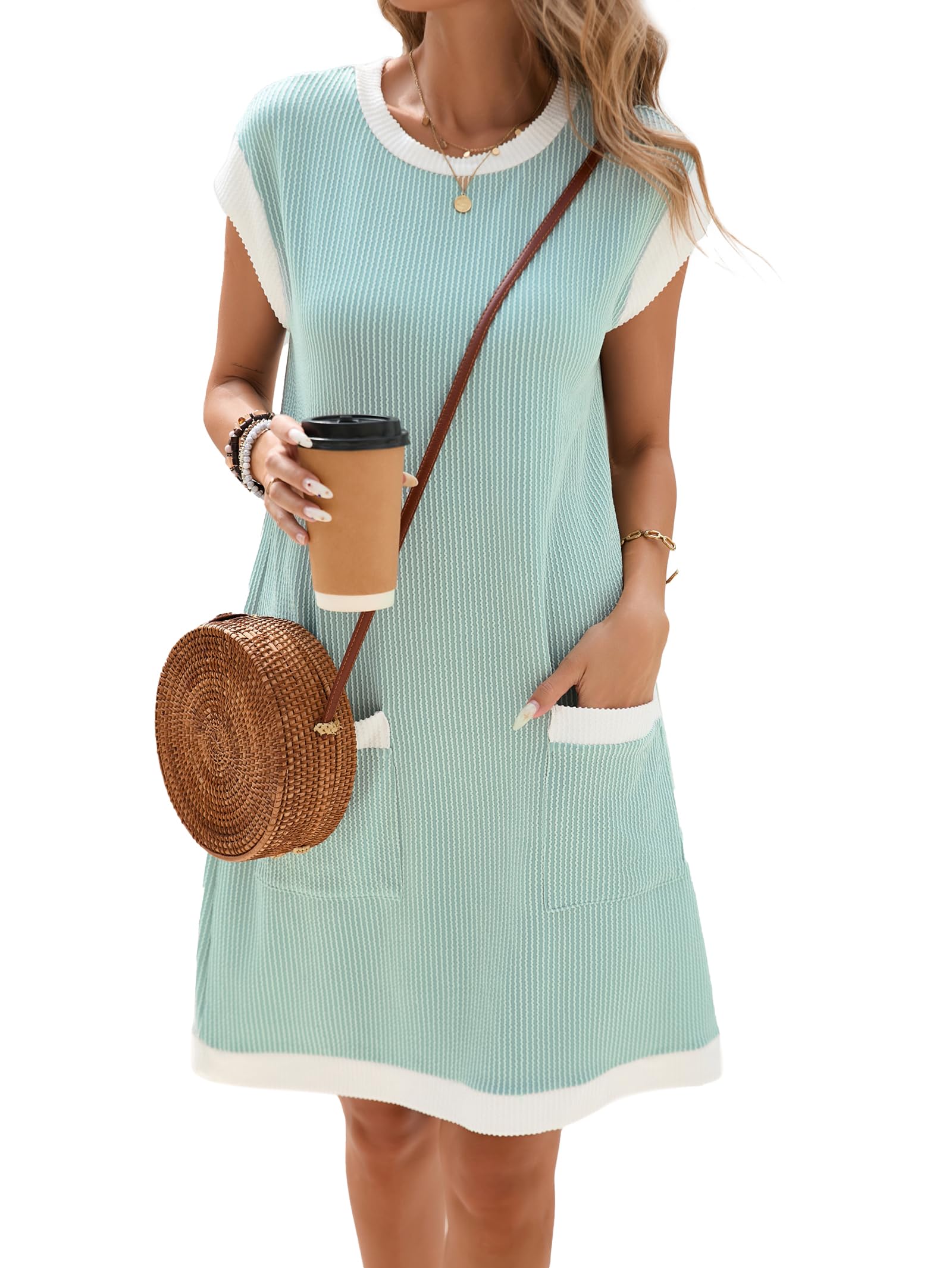 Winnie Abito Donna – Girocollo Color Block, Maniche Corte & Vestibilità Ampia Mini con Tasche Estate