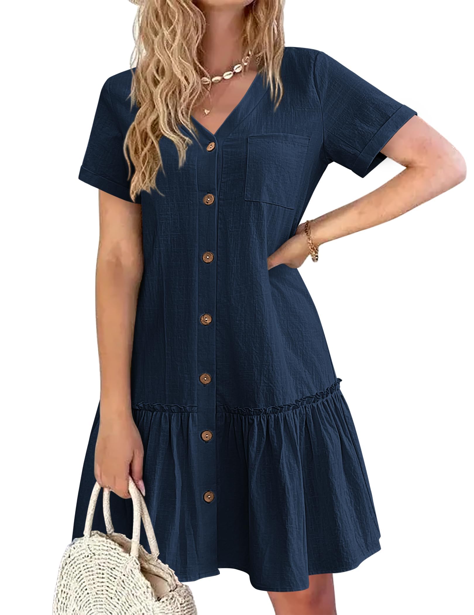 Trixie Abito Donna – Scollo a V Boutonnée, Cotone Lin Vestibilità Ampia & Ourlet Balze Estate