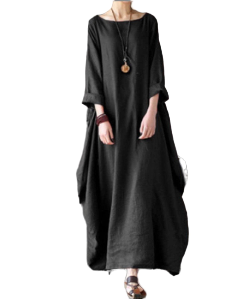 Sandy Abito Longue Donna – Abito Maxi Cotone-Lin Vestibilità Ampia Girocollo Manches 3/4 Elegante