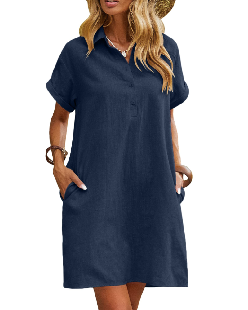 Raine Abito Camicia Donna – Abito Lin Cotone Mi-Longue Scollo a V Boutonnée Tasche Casual Chic Estate
