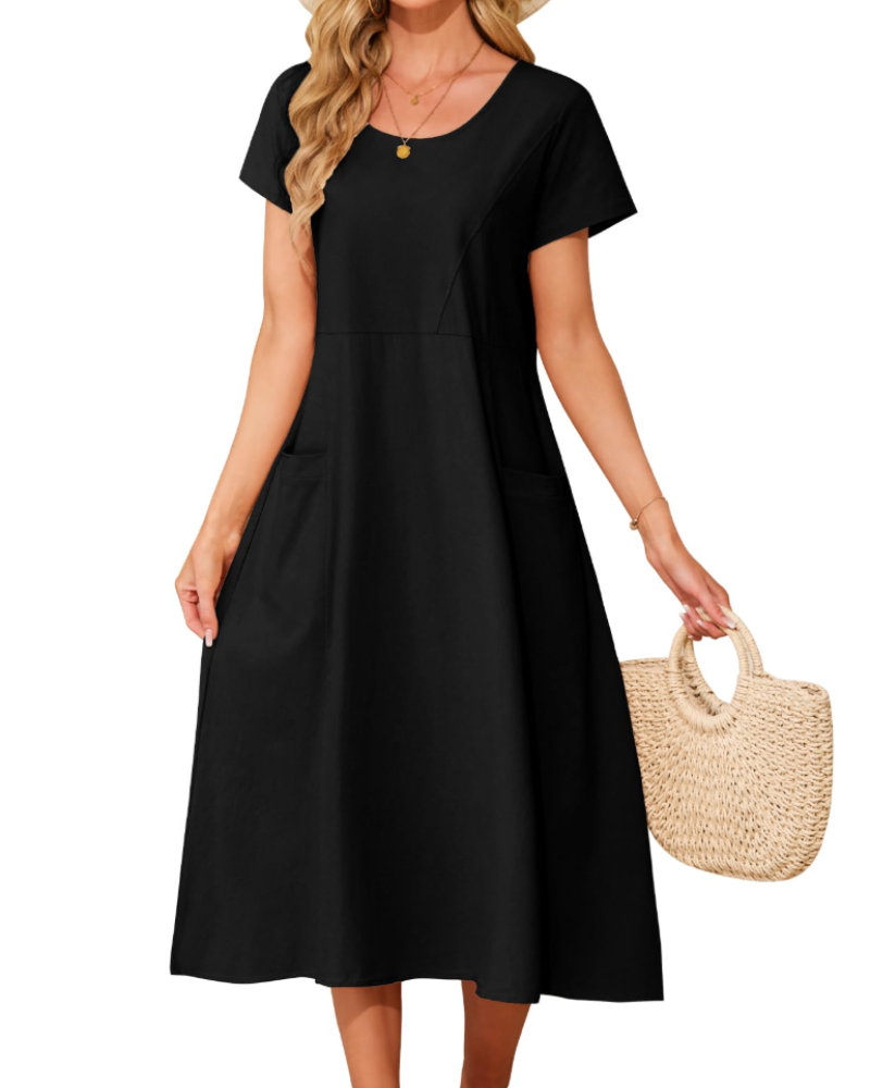 Sussie Abito Maxi Donna Cotone – Abito Estate Girocollo, Vestibilità Ampia & Tasche Comfort