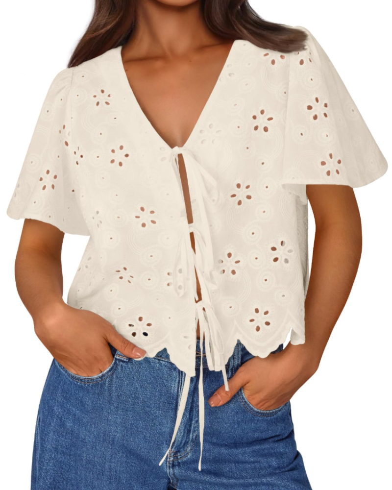 Liora Top Donna Estate – Blusa Bohémien in Cotone Broderie Anglaise con Nœud, Style Plage Chic