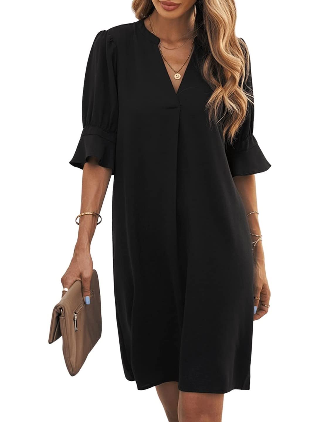 Bibiana Abito Donna – Scollo a V Maniche Corte, Linea Droite Mini Fluida Uni Estate