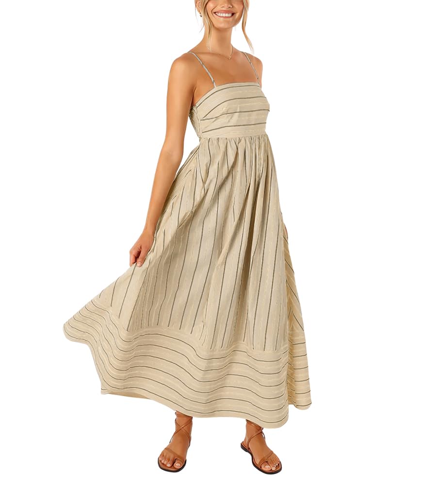 Reina Abito Maxi Donna – Scollo Quadrato Bretella Fines Rayures, Linea a Trapezio & Dos Smocké con Tasche