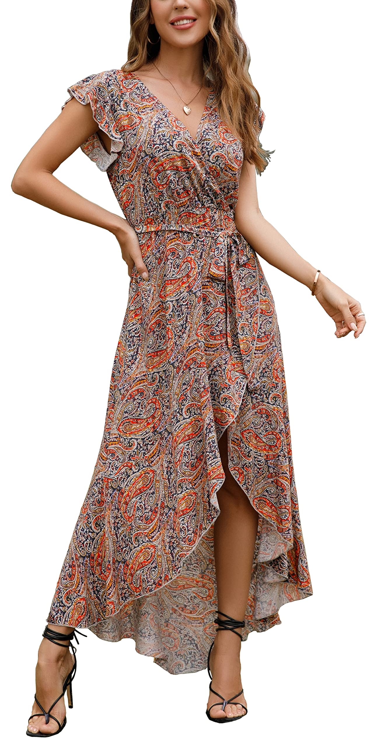 Gertrude Abito Donna – Cache-Cœur Scollo a V Floral, Linea Maxi Fluida & Ourlet Asymétrique Estate