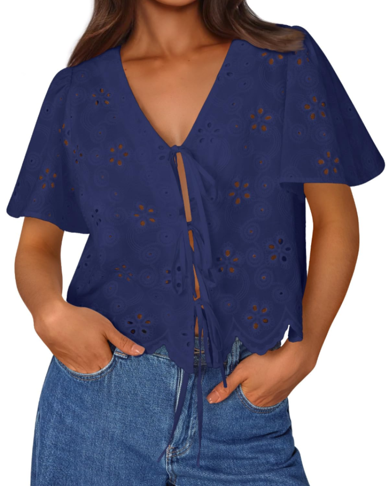 Liora Top Donna Estate – Blusa Bohémien in Cotone Broderie Anglaise con Nœud, Style Plage Chic