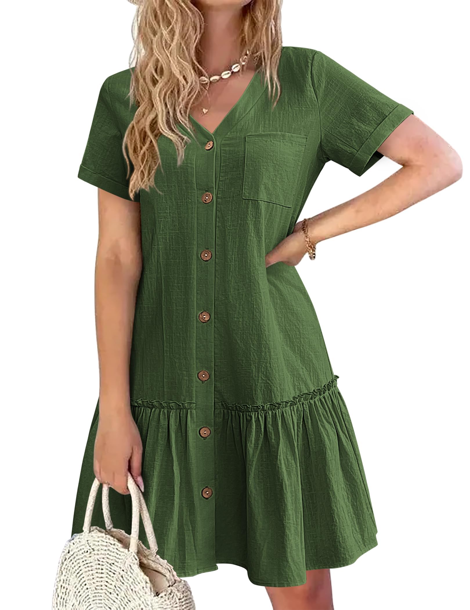 Trixie Abito Donna – Scollo a V Boutonnée, Cotone Lin Vestibilità Ampia & Ourlet Balze Estate