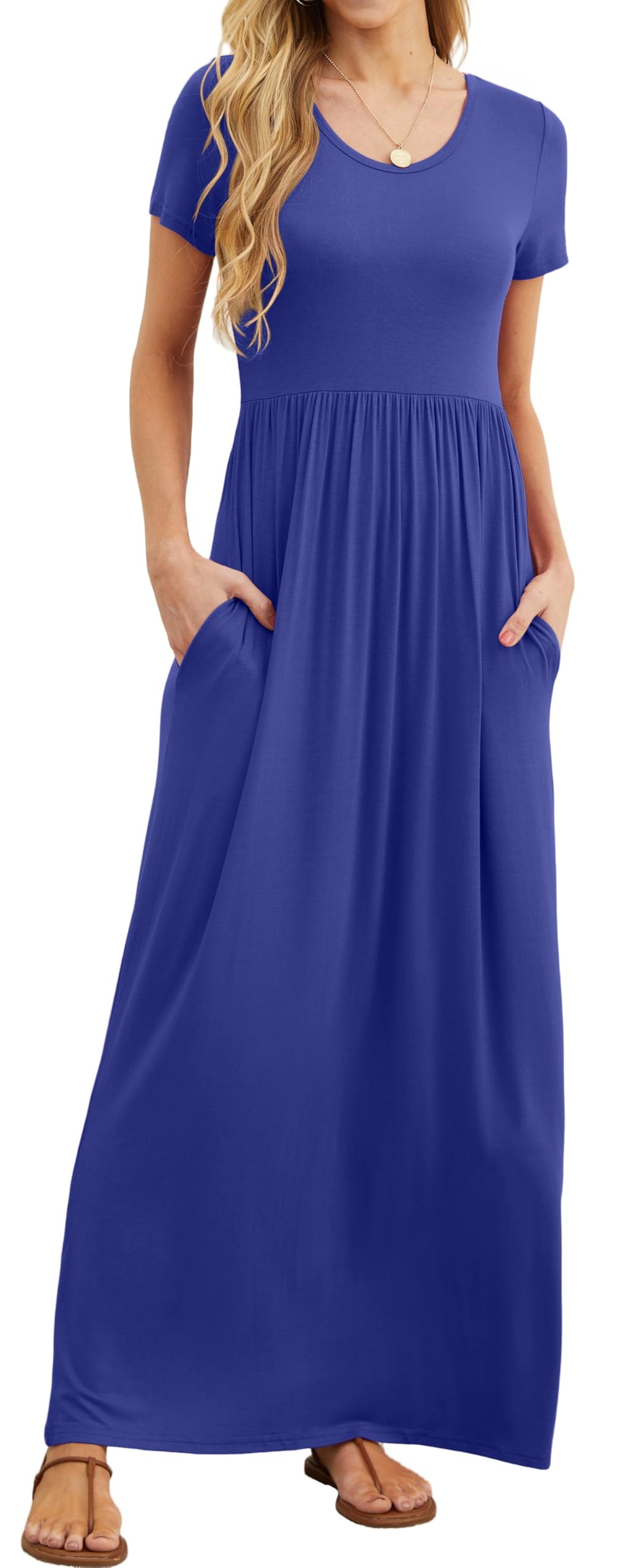 Bridget Abito Maxi Donna – Girocollo Uni, Linea Fluida & Vita Alta con Tasche Estate