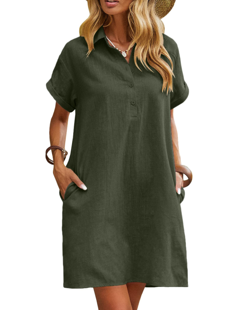 Raine Abito Camicia Donna – Abito Lin Cotone Mi-Longue Scollo a V Boutonnée Tasche Casual Chic Estate