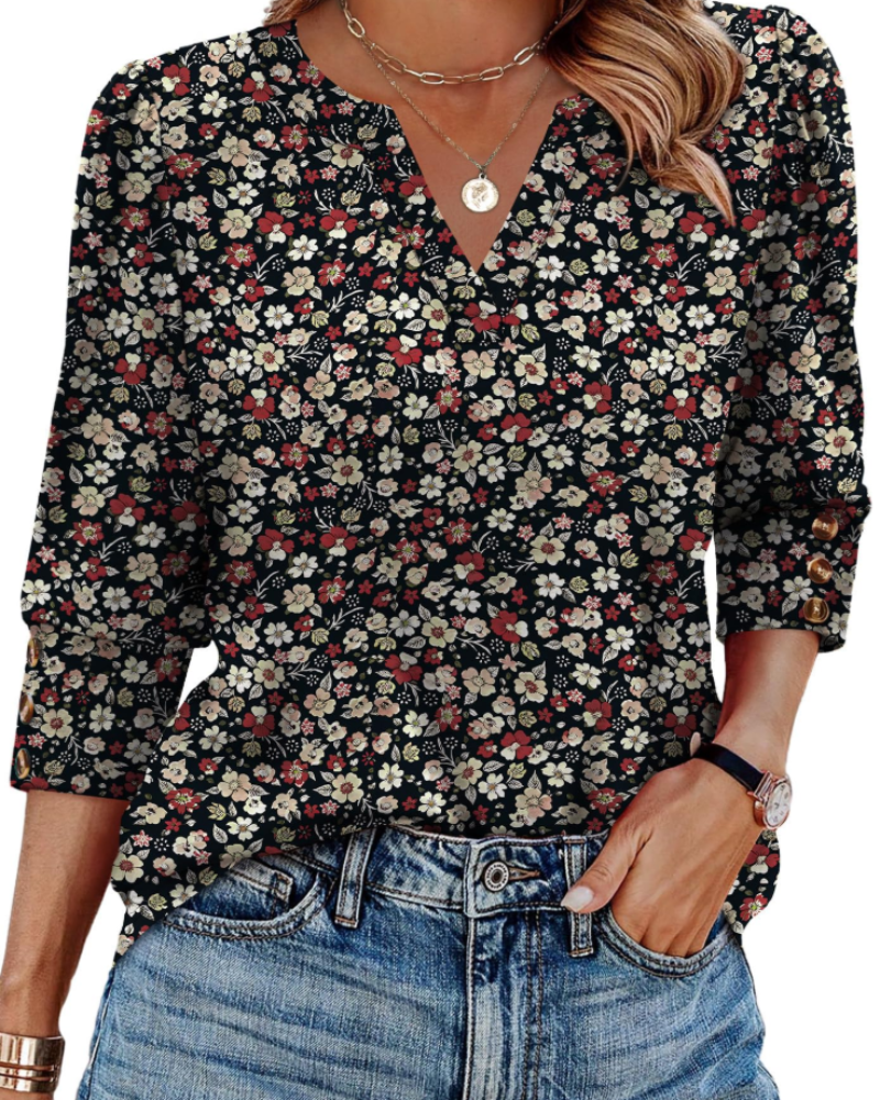 Zeline Blusa Donna – Top Scollo a V Manches 3/4 con Boutons & Style Business Casual