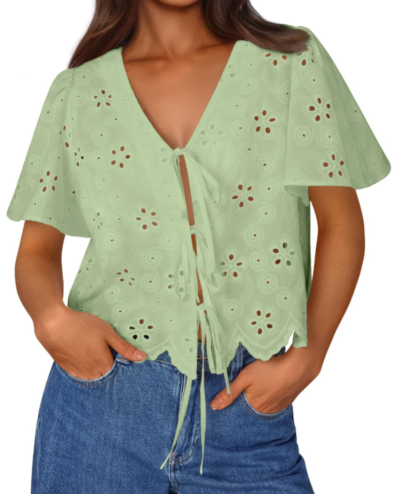 Liora Top Donna Estate – Blusa Bohémien in Cotone Broderie Anglaise con Nœud, Style Plage Chic