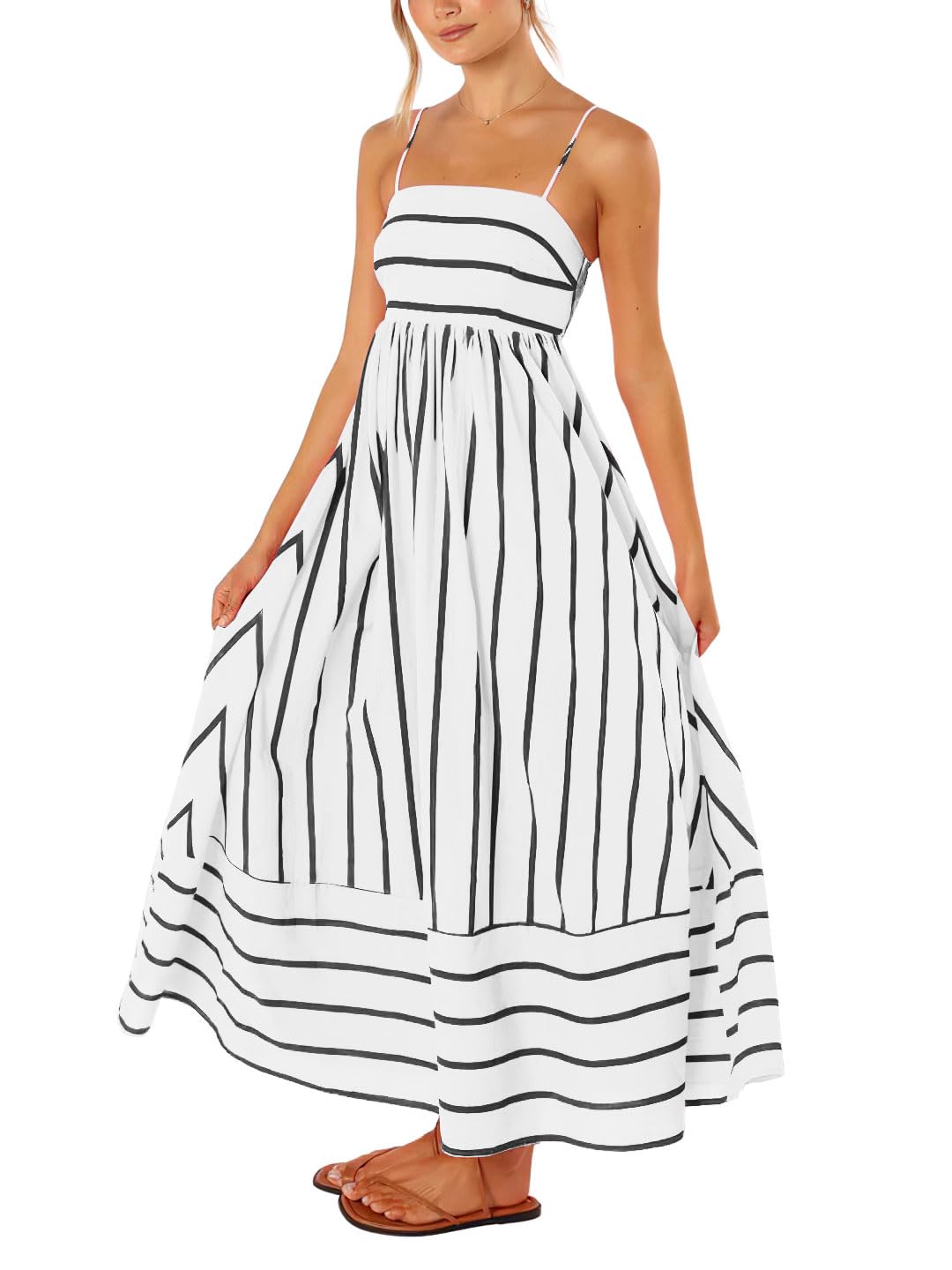 Reina Abito Maxi Donna – Scollo Quadrato Bretella Fines Rayures, Linea a Trapezio & Dos Smocké con Tasche