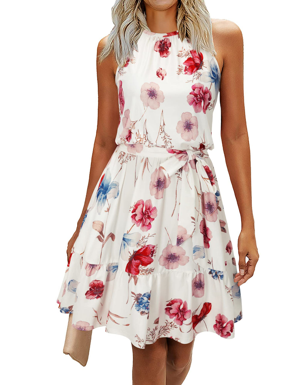 Rosa Abito Donna – Col Halter Senza Maniche, Linea a Trapezio Midi & Ceinture con Tasche