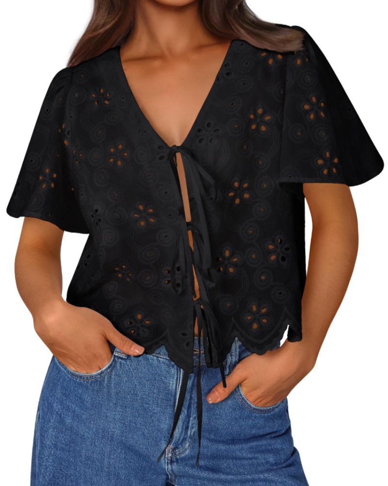 Liora Top Donna Estate – Blusa Bohémien in Cotone Broderie Anglaise con Nœud, Style Plage Chic