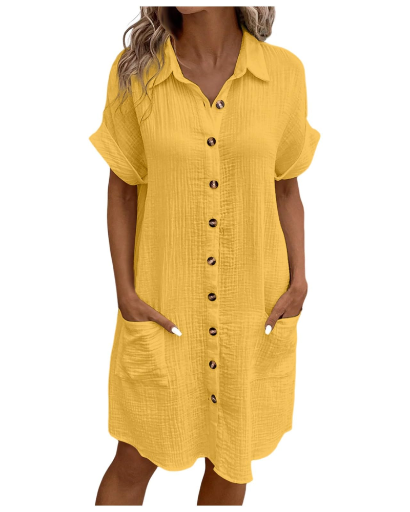 Yvette Abito Donna – Abito Camicia Scollo a V Boutonnée con Tasche Linea Fluida Bohémien Chic