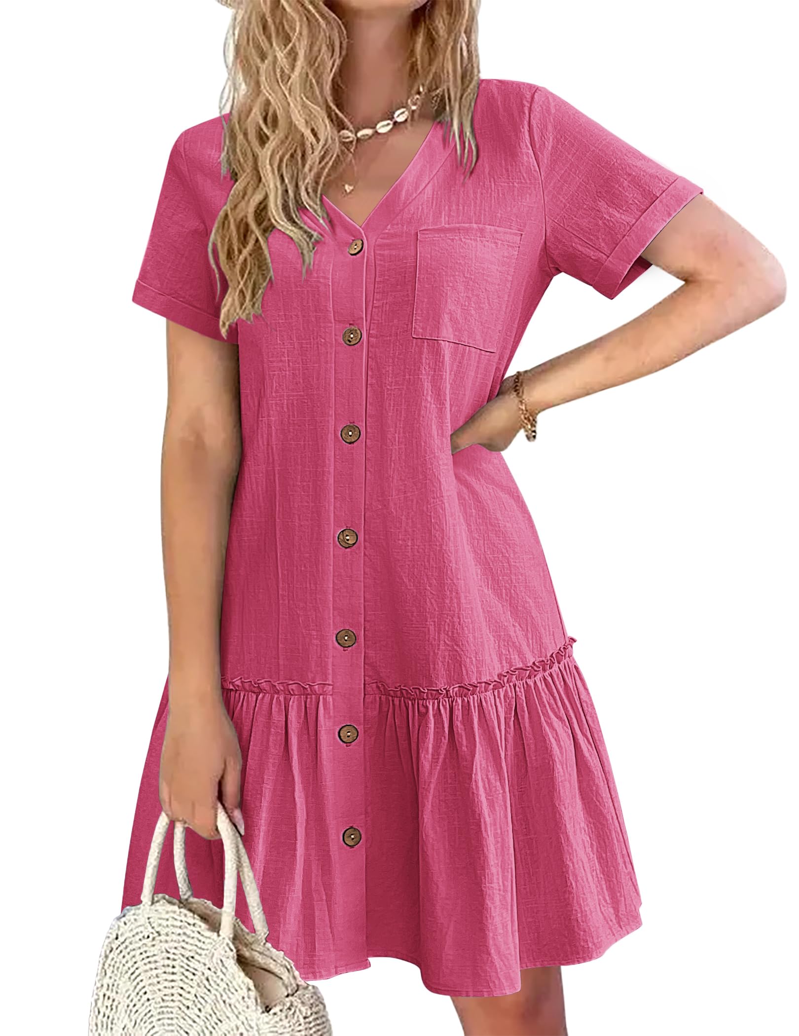 Trixie Abito Donna – Scollo a V Boutonnée, Cotone Lin Vestibilità Ampia & Ourlet Balze Estate
