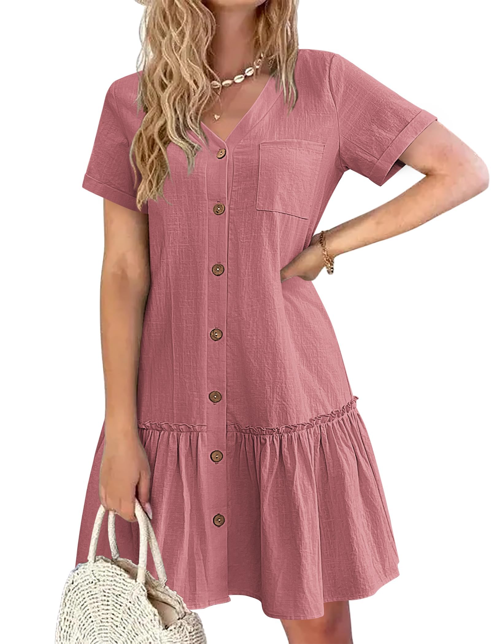 Trixie Abito Donna – Scollo a V Boutonnée, Cotone Lin Vestibilità Ampia & Ourlet Balze Estate