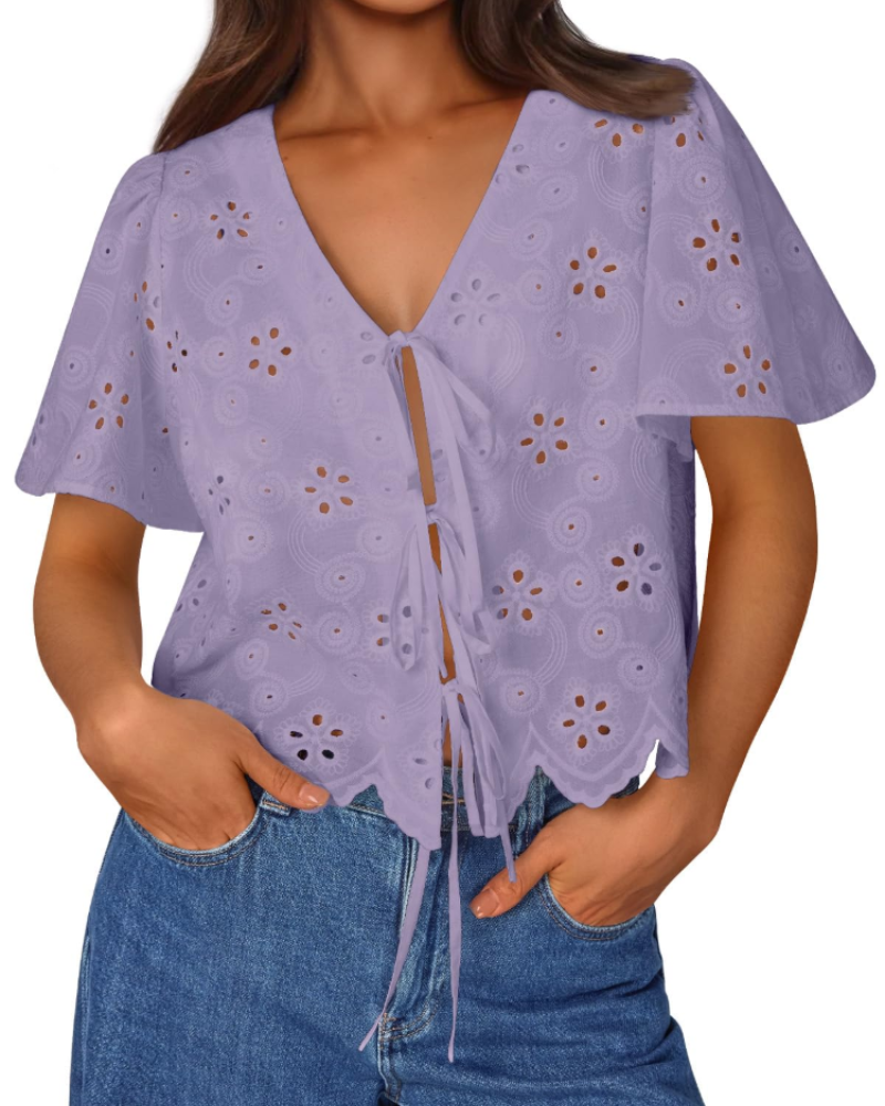 Liora Top Donna Estate – Blusa Bohémien in Cotone Broderie Anglaise con Nœud, Style Plage Chic